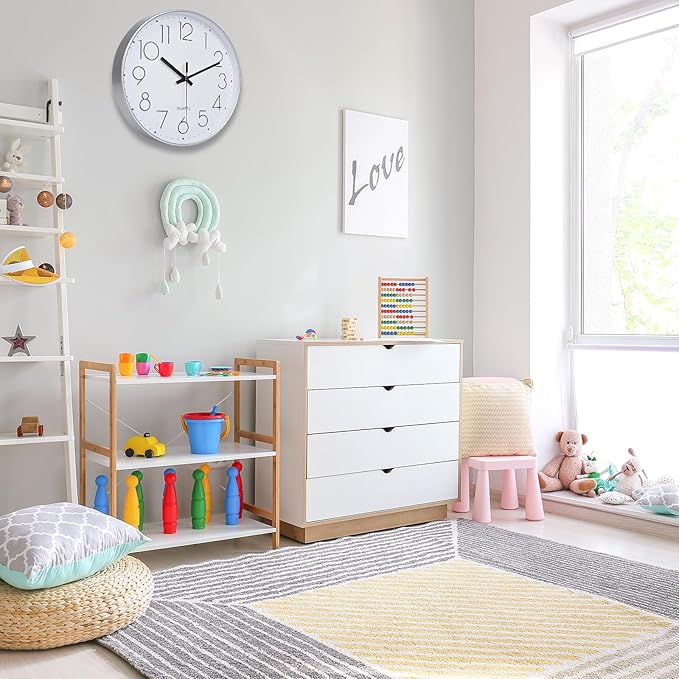 12 Inch Wall Clock Silent Non-Ticking Modern Clocks Battery Operated for Office, School (Silver)