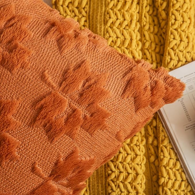 Maple Leaf Fall Throw Pillow Covers 12"x20" Set of 2, Rust Red Farmhouse Decorative Pillow Covers for Autumn Harvest Holiday Accent Pillow Cases, Faux Fur Pillow Covers for Couch Bed Room
