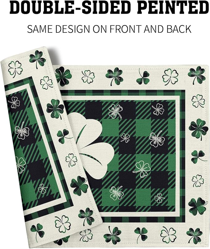 Giwawa Lucky Clover Placemats Set of 4 for Kitchen Dining, St Patricks Day Shamrocks Buffalo Plaids Washable Linen Place Table Mat 12x18 Inches for Tabletop Holiday Party Picnic Decor