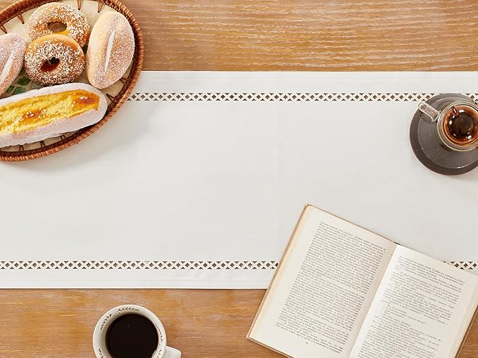 Burlap Style Farmhouse Table Runner, 13 x 90 Inch Off White, Rustic Geometric Hollow Table Runners 90 Inches Long for Dresser Table Everyday Use, 13x90 Inches, Off White