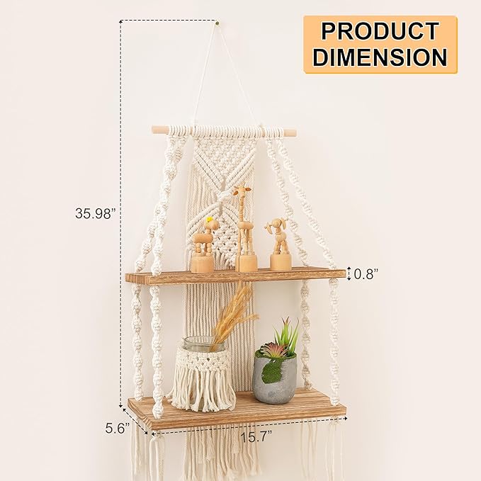 2 Tier Handmade Macrame Shelf, Boho Hanging Shelves, Macrame Wall Hanging Shelf with LED Light and Green Vine, Home Storage Cottage Core Bedroom Decor