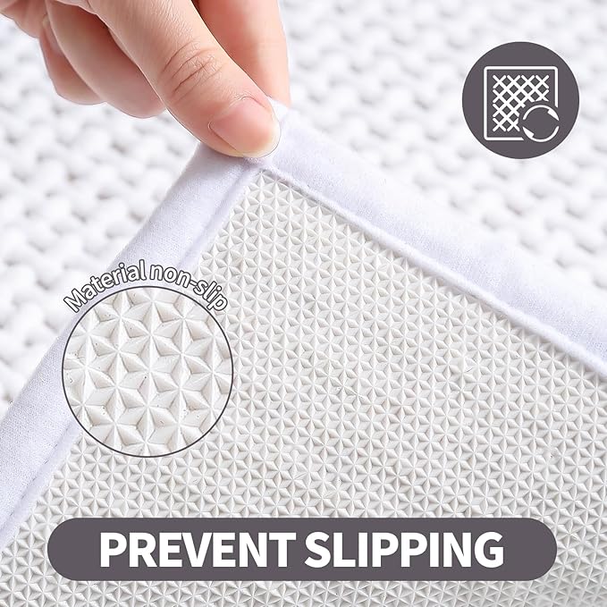 Washable Bathroom Rugs: 47x20 White Runner Bath Mat – Non Slip Chenille Bathmat for Bathroom Floor & Shower