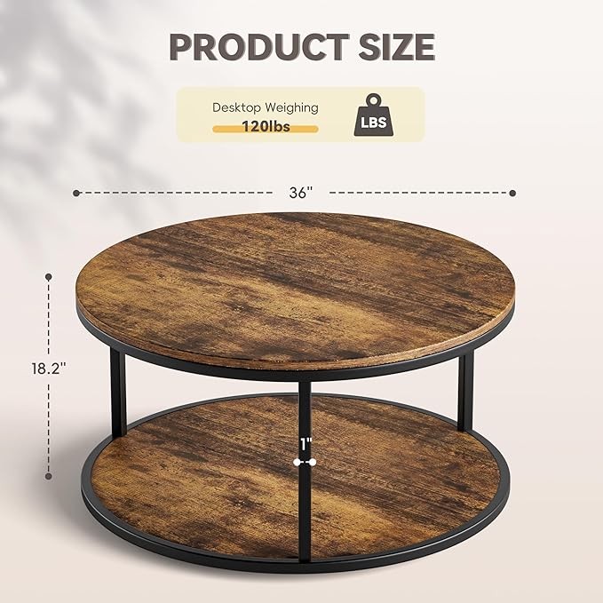 YESHOMY 36“ Wood Round Coffee Table, Coffee Tables for Living Room, Metal & Wood Round Table, Small Space Solution for Living Room Furniture, Rustic Brown