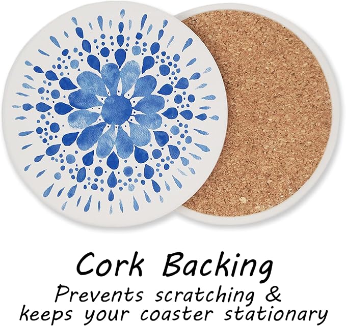 AD Set of 6 Coasters for Drinks Absorbing Round Ceramic Stone Coaster with Cork Base,Tabletop Protection Mat for Mugs and Cups,Office,Kitchen (Indigo Blue 2 with Holder)