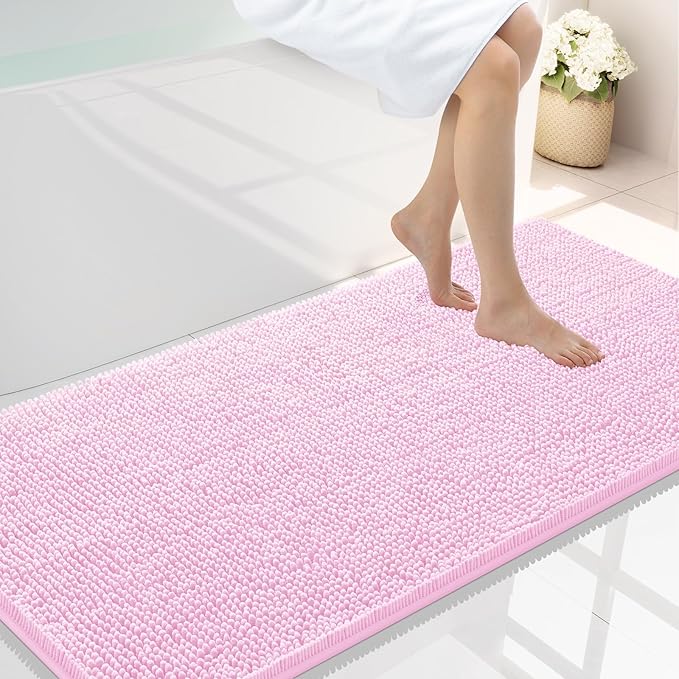 Smiry Luxury Chenille Bathroom Rugs 47x24, Extra Soft and Absorbent Shaggy Bath Mat, Machine Washable, Non-Slip Plush Carpet Runner for Tub, Shower, and Floor, Home Decor Accessories, Pink