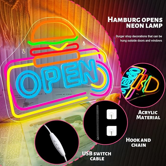Lucunstar Hamburger Shop Open Neon Sign,Neon Sign for Wall Decor,USB Adjustable Brightness for Neon Lights for Hamburger Shop Led Business Sign Suitable for Fast Food shops Party Led Art Wall Hanging