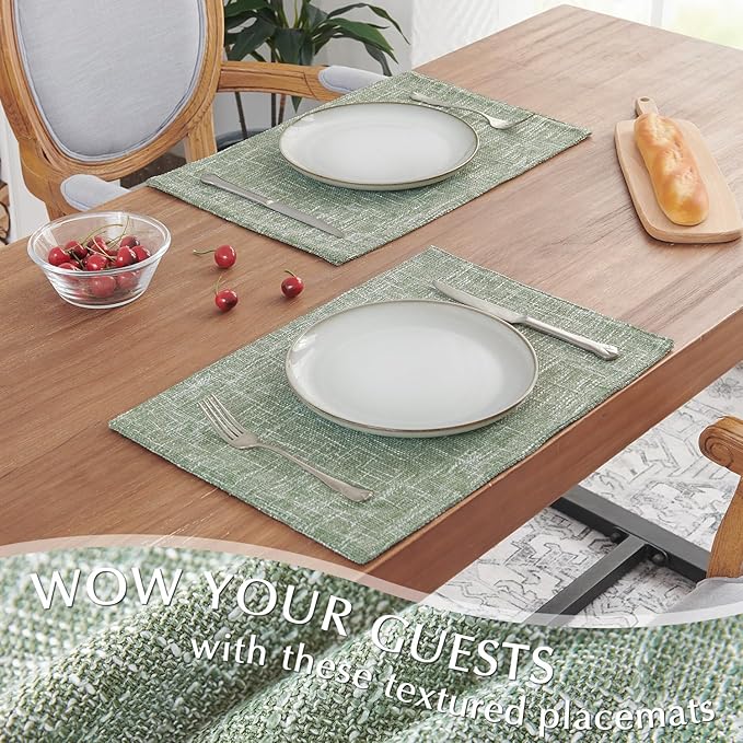 JINCHAN Burlap Textured Placemats Set of Four Farmhouse Cloth Place Mats Table Mats Sturdy Fabric Placemats for Kitchen Dining Table Double Layer Heat Resistant Tablemats 13 x 19 Inch Green