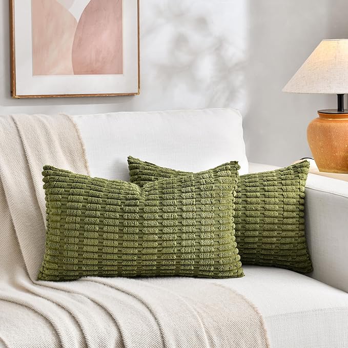 Fancy Homi 4 Packs Boho Moss Green Decorative Throw Pillow Covers 12x20 Inch for Couch Bed Sofa, Rustic Modern Farmhouse Home Decor, Soft Plush Corduroy Cute Rectangle Cushion Case 30x50 cm