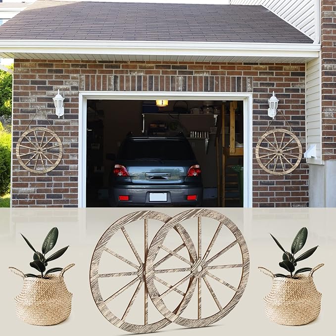 2 Pcs Wagon Wheel Decor Wooden Western Cowboy Party Decorations Vintage Rustic Wagon Wheel Wood Cartwheel Decor for Bar Garage Indoor Outdoor (Gray,12 Inch)