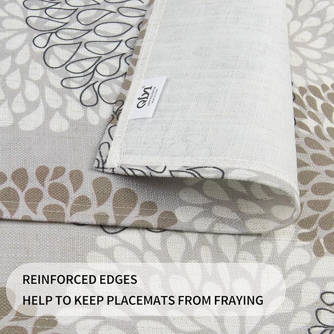 QIYI Boho Placemats Set of 4, 12x18 Inch Linen Fabric Place Mats for Kitchen Dinning, Farmhouse Rustic Floral Cloth Table Mats, Washable Placemat Party Table Décor, Brown Floral Burst