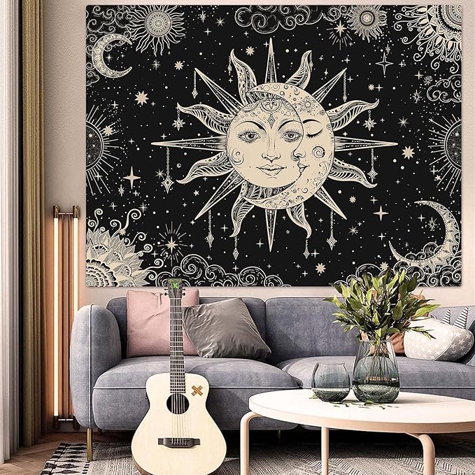 Lunerfex Sun and Moon Tapestry Mandala Wall Tapestry, Vintage Tapestries for Bedroom Ceiling Tapestries Wall Hanging for Bedroom Living Room Wall Decor Sun-2 60"x80"