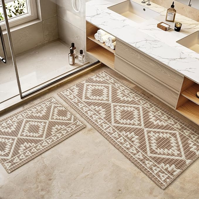 PADOOR-Waffle Bathroom Runner 24"x48", Super Absorbent Bath Mats for Bathroom, Machine Washable Non Slip Bath Rug with Tassels, Soft Bath Mat for Laundry Room, Bedroom, Brown & Cream, 2'x 4'