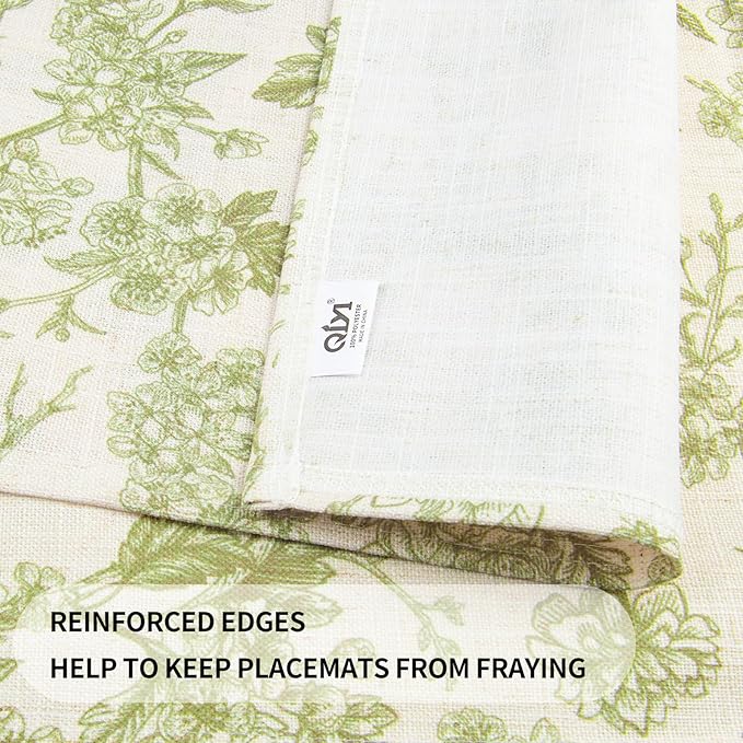 QIYI Boho Placemats Set of 6, 12x18 Inch Linen Fabric Floral Place Mats for Kitchen Dinning, Farmhouse Rustic Cloth Table Mats, Washable Placemat Party Table Décor, Green Botanical Art