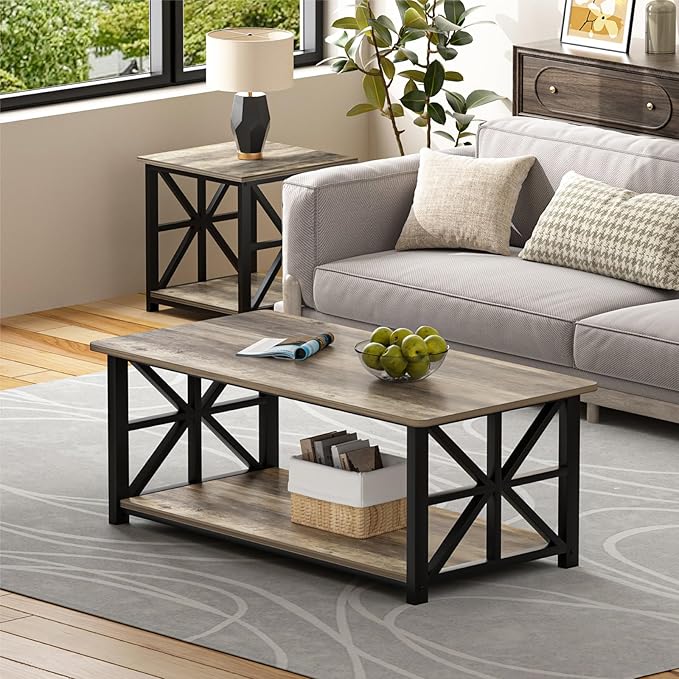 GreenForest Coffee Table for Living Room with Round Corners Farmhouse Style Center Table with Storage Shelf 39 Inch Space Saving Easy Assembly Gray Wash