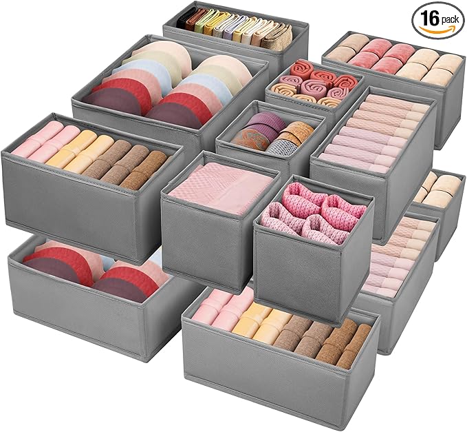 Drawer Clothing Organizer 16-Pack, Grey 3 Sizes Underwear Drawer Dividers, Fabric Folding Wardrobe Organizer, Can Store Baby Clothes, Bras, Underwear, Panties, Belts, Socks, Ties, etc.