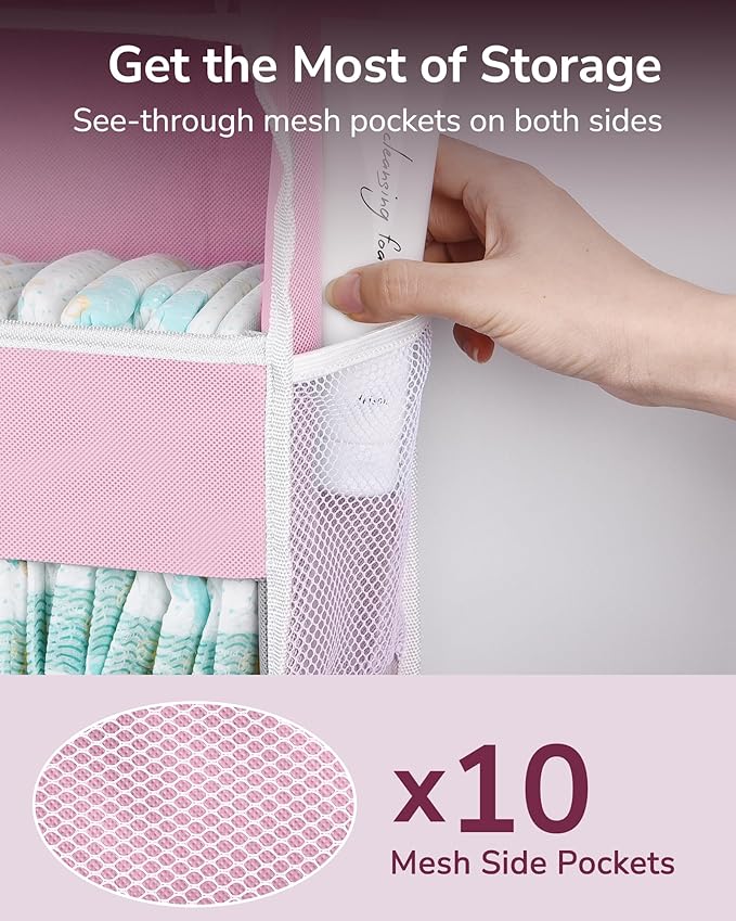 ULG 1 Pack Over Door Organizer with 5 Large Pockets 10 Mesh Side Pockets, 44 lbs Weight Capacity Hanging Storage Organizer with Clear Window Kids Toys, Shoes, Diapers, Pink