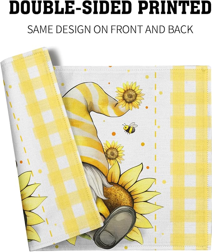 Summer Gnome Sunflowers Placemats Set of 4, Honey Butterfly Yellow White Buffalo Check Plaid Dining Table Place Mats 12 x 18 Inch Summer Seasonal Farmhouse Kitchen Home Decor