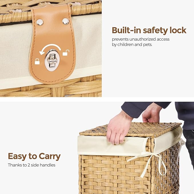 Wicker Storage Basket with Lid,Rattan Shelf Basket with Removable Liner Bag,160L Storage Bin,Storage Trunk with Heightened Feet,Storage Container for Wardrobe,Home Organizer