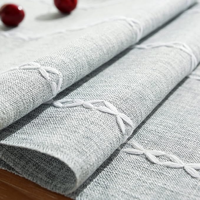 Rustic Farmhouse Style Linen Table Runner, Boho Handmade Tassel Embroidery Table Runners 60 Inches Long for Holiday Party, Dresser and Dining Decorations, 13 inchW X 60 inchL - Light Grey