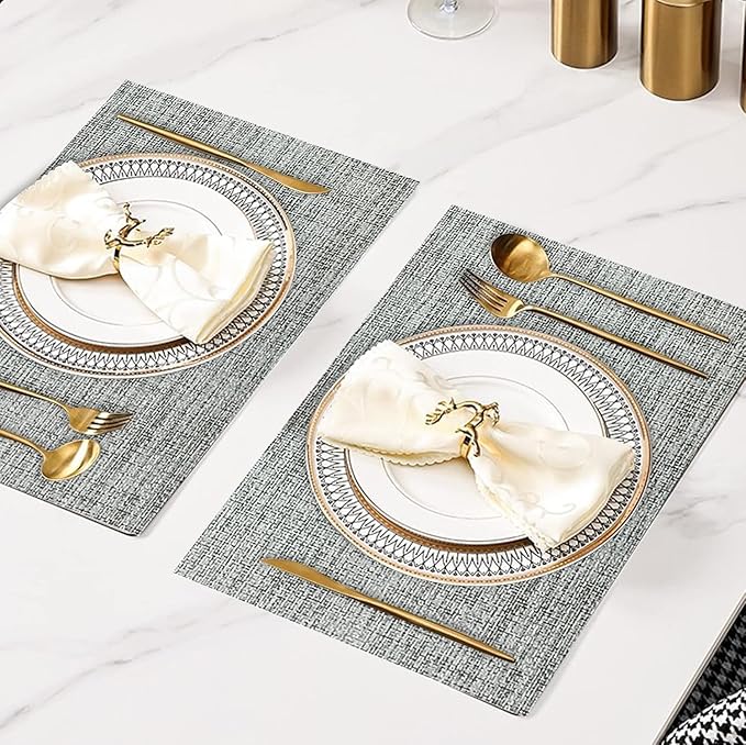 DACHUI Placemats Set of 4, Linen Look Woven Place Mats, Water Resistant, Heat Resistant, Washable, Durable Table Mats (Light Grey)