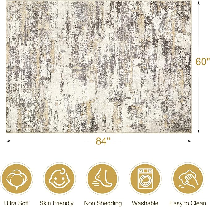Area Rugs for Living Room: 5x7 Abstract Washable Rug Modern Neutral Large Soft Stain Resistant Non-Slip Backing Machine Table for Bedroom Dining Room Indoor Home Office Carpet - Gold Brown