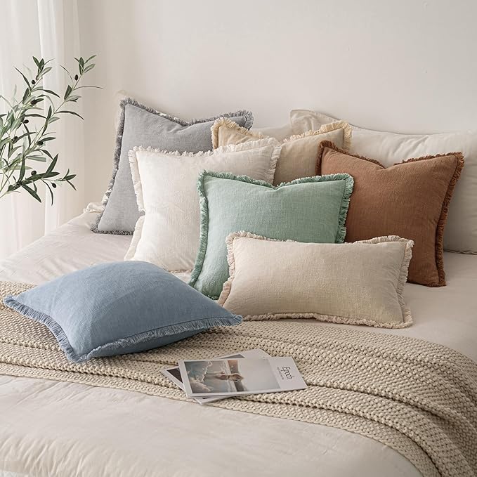 MIULEE Decorative Throw Pillow Covers Neutral Linen Fringe Throw Pillows Set of 2 Aqua Green Boho Farmhouse Cushion Covers with Tassels for Couch Sofa Bed Living Room Spring Home Decor 18x18 Inch