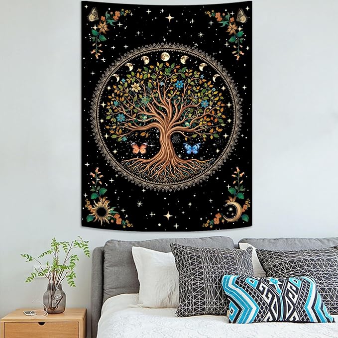 Lunerfex Tree of Life Tapestry Moon Phase Wall Tapestry, Green Tapestries for Bedroom Ceiling Tapestries Wall Hanging for Bedroom Living Room Wall Decor Tree-4 60"x80"