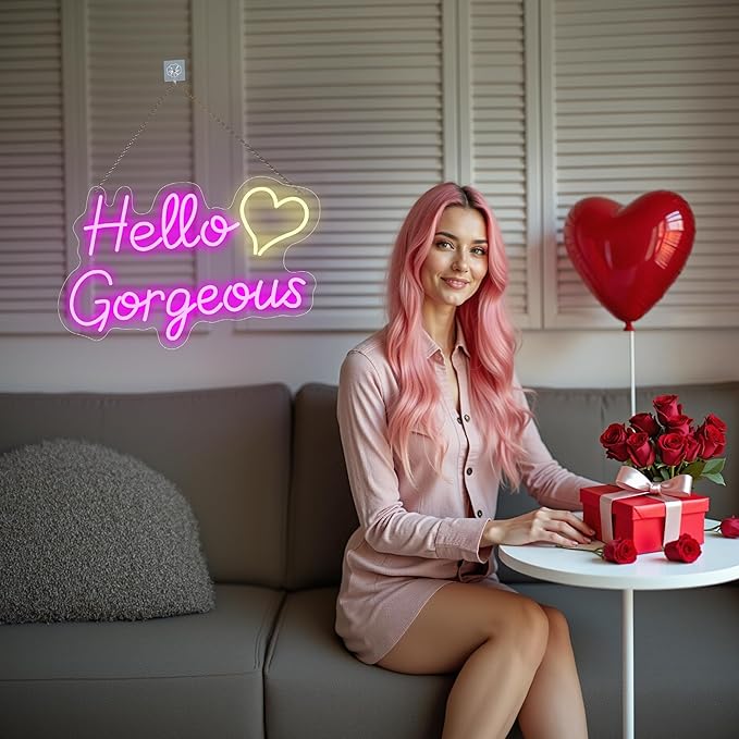 Hello Gorgeous Neon Signs for Wall Decor, for Sign with Dimmable Switch - for Girls Bedroom, Makeup Room Decor Home Wedding Birthday Backdrop (Pink,16in)