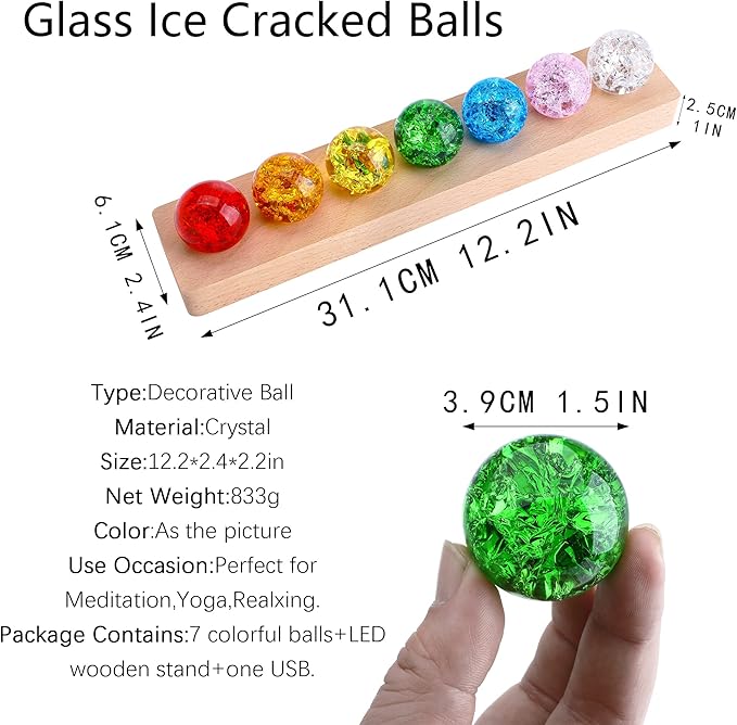 7 Colors 40mm Ice Cracked Balls Crystal Chakra Balls with LED Wooden Base Glass Healing Sphere Balls with Stand Night Light Decoration Quartz for Home Living Room