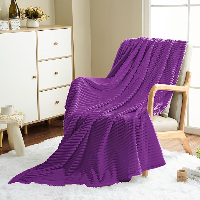 Vessia Flannel Fleece Throw Blanket for Couch,Sofa,Bed, 300GSM Striped Purple Blanket for Adults and Kids, Super Soft Warm Cozy Lightweight Ribbed Throw for All-Season