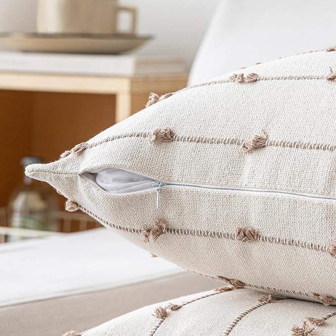 Boho Throw Pillow Covers 22x22 Set of 2 Modern Farmhouse Decorative Cushion Case Tufted Square Pillows Cover Neutral Pillow Cases Accent Pillowcase for Sofa,Couch,Bed,Beige and Khaki