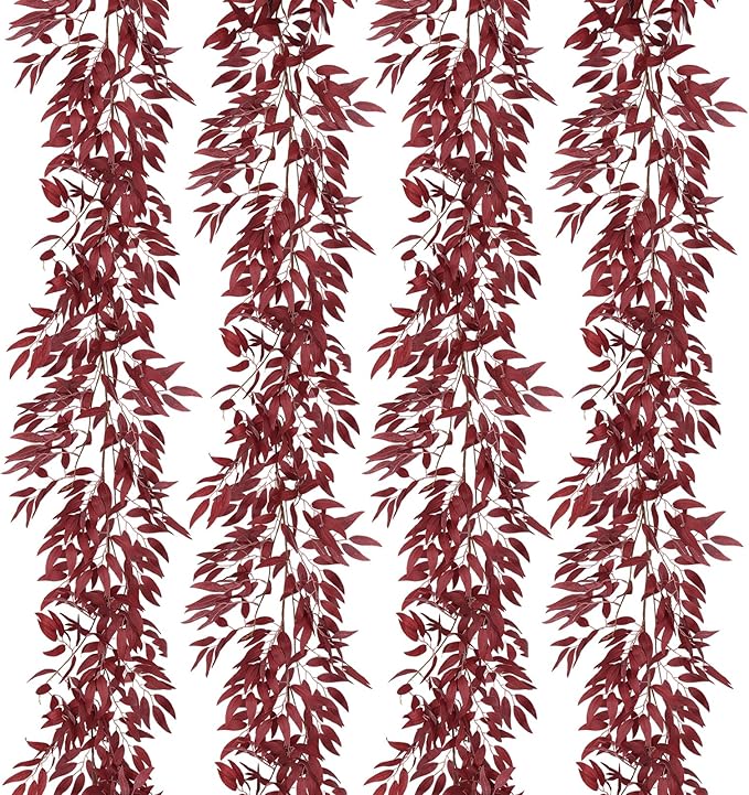 Fake Hanging Willow Leaves Vines 4Pcs 5.7Ft Artificial Willows Vine Twigs Silk Leaf Ivy Faux Greenery Fall Garland Indoor Outdoor Valentines Day Wedding Birthday Thanksgiving Party Decor(Burgundy)