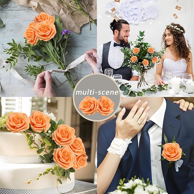 Artificial Flowers 50Pcs Orange Roses Real Looking Foam Fake Roses with Leaves for DIY Wedding Bouquets Bridal Shower Centerpieces Party Decorations (Orange, 50)