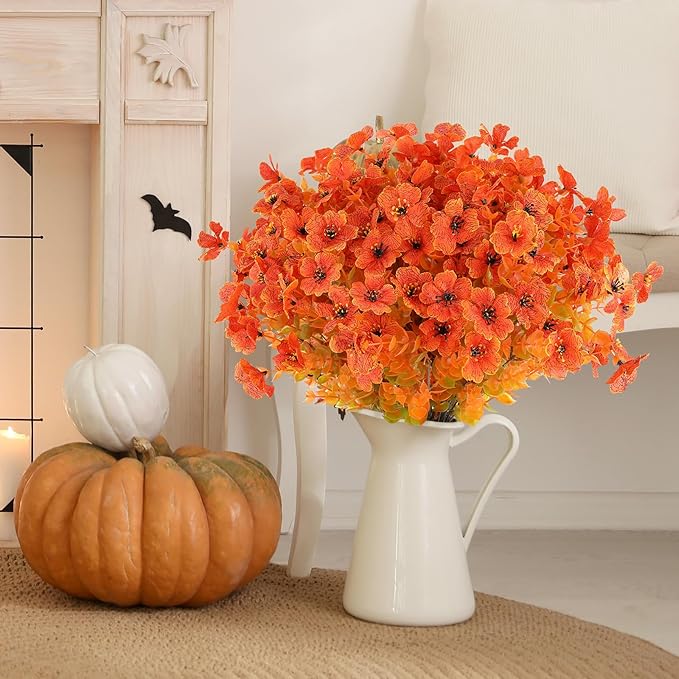 AmyHomie 20 Bundles Fall Orange Artificial Flowers for Outdoor Fall Decor UV Resistant Faux Flowers No Fade Fake Plastic Plants Garden Porch Window Box Decorating