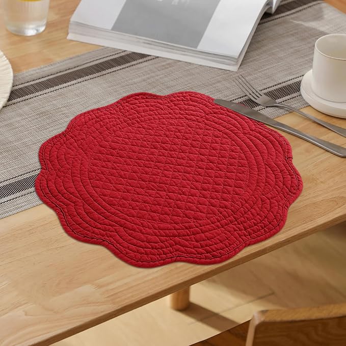 HOMBYS Quilted Placemats Set of 6 Washable Round Placemats for Kitchen Table-100% Cotton Fabric 13 Inch Round Table Mats, Cotton Fabric with Microfiber Filling, (13"x13", Red)