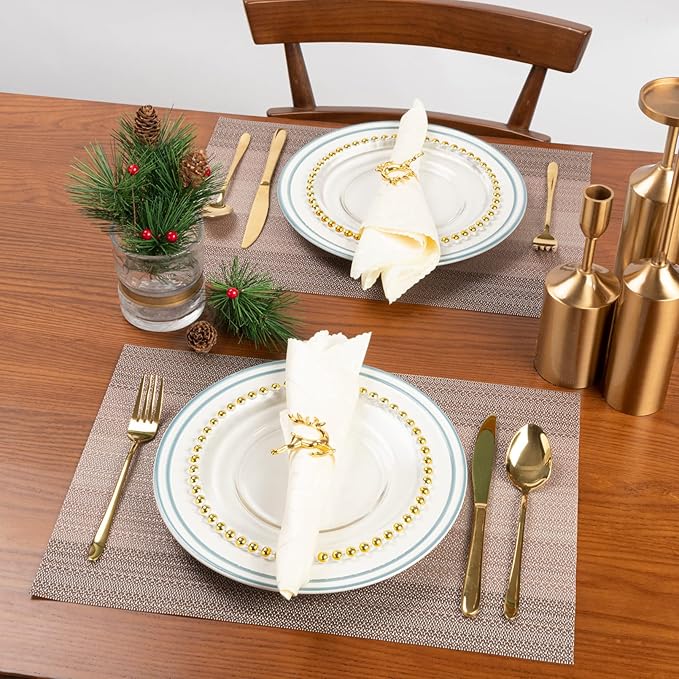 Winknowl Placemats, Set of 8 Heat Resistant Stain Resistant Woven Vinyl Insulation Placemats, Durable Washable Elegant Table Mats for Dining (Pink Gold)