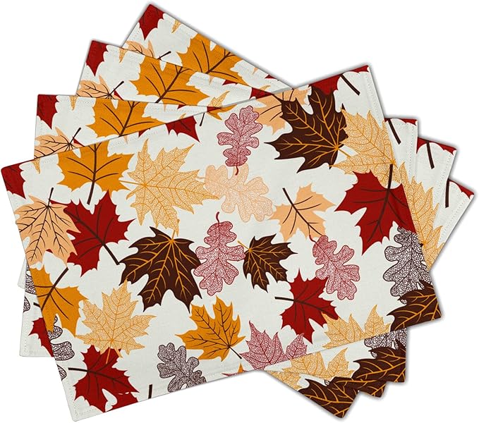 Giwawa Maple Leaf Placemats Set of 4 for Kitchen Dining, Colorful Fall Autumn Thanksgiving Leaves Non-Slip Washable Linen Place Table Mat 12x18 Inches for Tabletop Holiday Party Home Decor