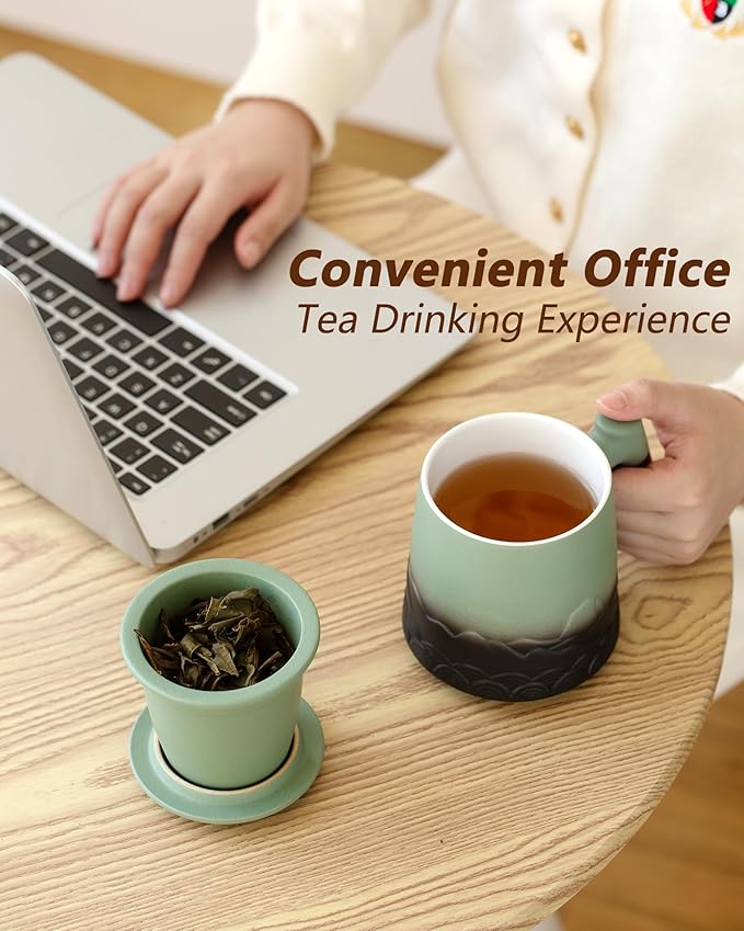 ZENS Tea Mug with Infuser and Lid for Loose Leaf Tea Steeper, 16.9 oz Embossed Ceramic Tea Cup with Fine Strainersand Wood Handle,Tea Diffusers Accessories for Tea Lovers Gifts
