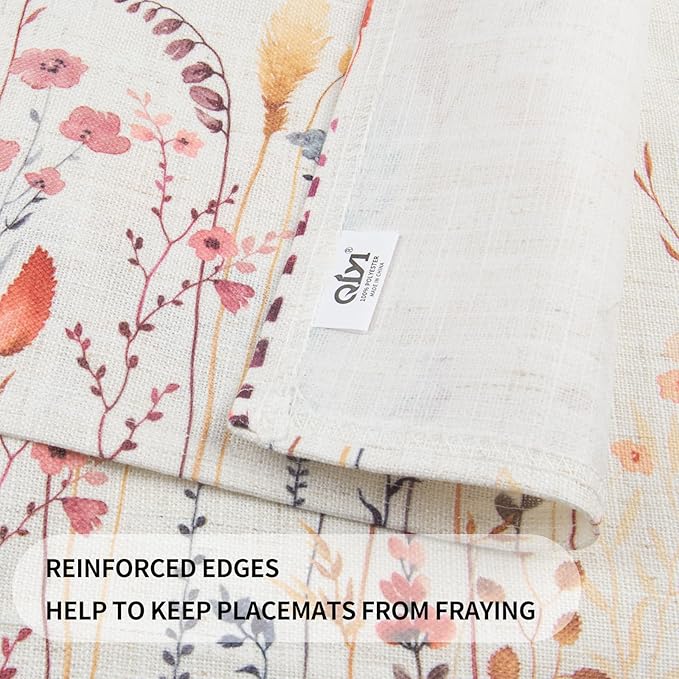QIYI Boho Placemats Set of 4, 12x18 Inch Linen Fabric Floral Place Mats for Kitchen Dinning, Farmhouse Rustic Cloth Table Mats, Washable Placemat Party Table Décor, Autumn Wildflowers