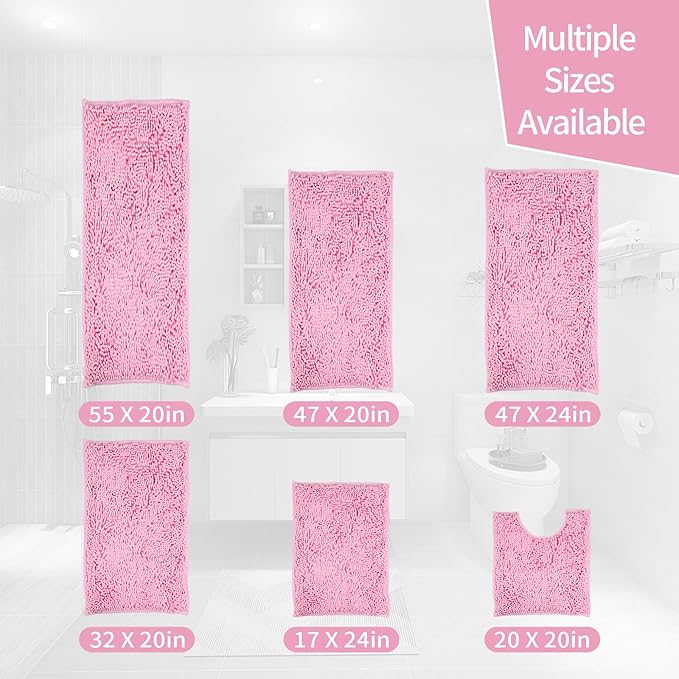 Pink Bathroom Rugs Sets 3 Piece Washable, Luxury ,Chenille Bath Mat Set, Soft Plush Anti-Slip Rectangular Bath, Rug Super Absorbent.3 Pieces Bathroom (Pink, 32"x20"+24"x16"+U Shape 20"x20")