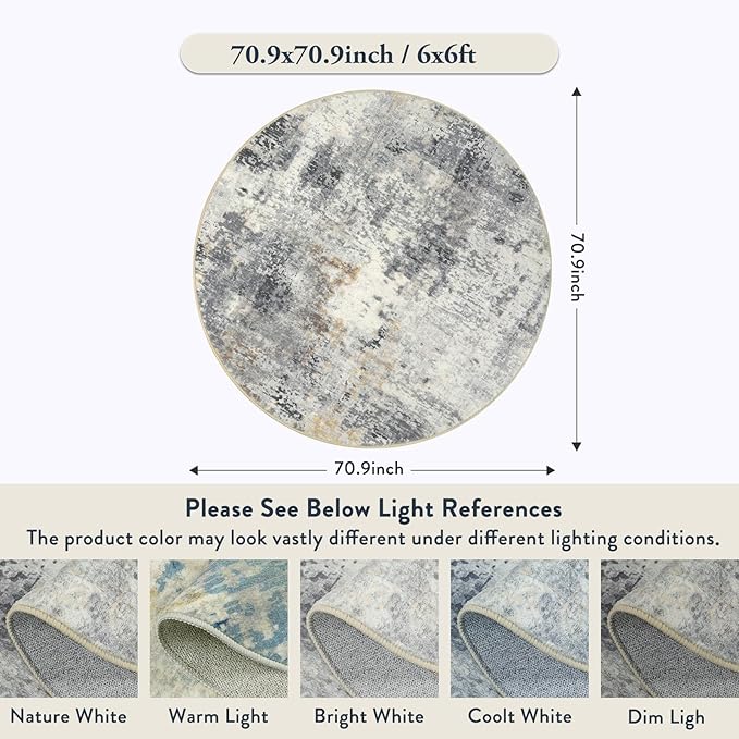 Lahome Modern Abstract Round Rug - 6Ft Gray Circle Rugs for Living Room Soft Dining Room Rugs for Under Table, Machine Washable Bedroom Mat Non Slip Large Carpet for Office Kitchen Entrance