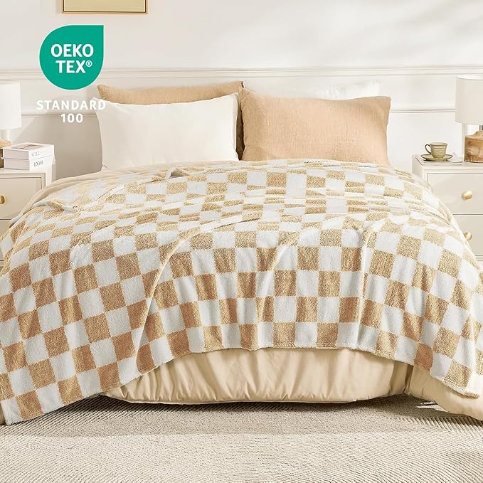 EMME Checkered Blanket Twin Size - 60"x80" Beige Knit Blanket Soft Fluffy Patterned Throw Blankets for Couch, Sofa, Chair, Bed, Camping, Picnic, Travel