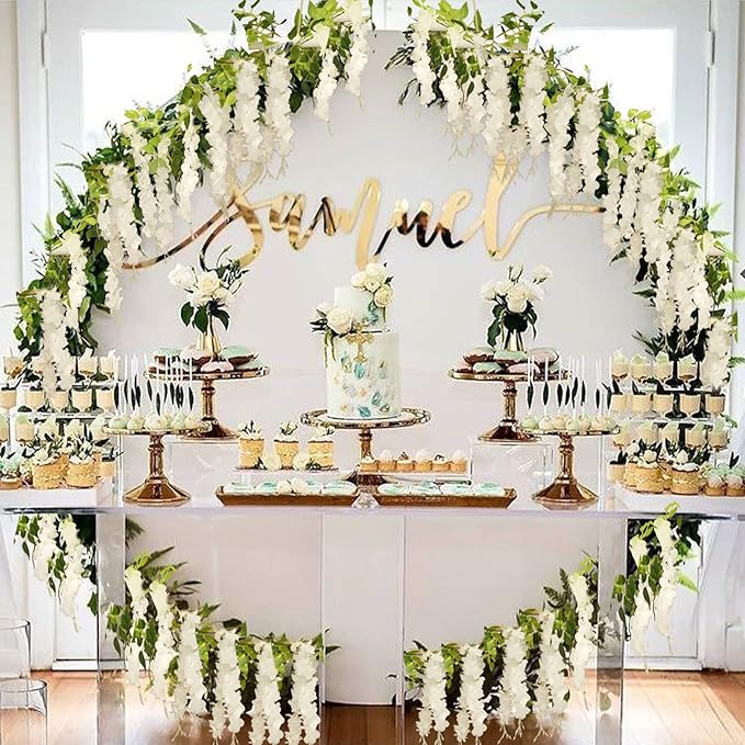 Wisteria Artificial Flowers Garland, 4Pcs Total 28.8ft Silk Faux Wisteria Vine Kit, Hanging Flower Plant for House Outdoor Garden Ceremony Outside Wedding Arch Floral Decor (4, White)
