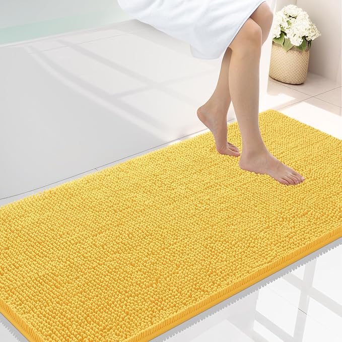 Smiry Luxury Chenille Bathroom Rugs 47x24, Extra Soft and Absorbent Shaggy Bath Mat, Machine Washable, Non-Slip Plush Carpet Runner for Tub, Shower, and Floor, Home Decor Accessories, Yellow
