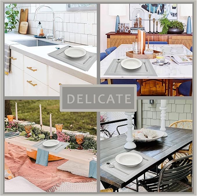 DACHUI Placemats Set of 4, Linen Look Woven Place Mats, Water Resistant, Heat Resistant, Washable, Durable Table Mats (Silver)
