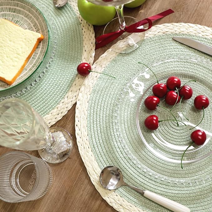 Noctiflorous Round Braided Placemats Set of 8 Table Mats 15 Inches Washable Heat Resistant for Dining Table Non-Slip Indoor Outdoor Place Mats for Easter(02 White Edge Green 8)