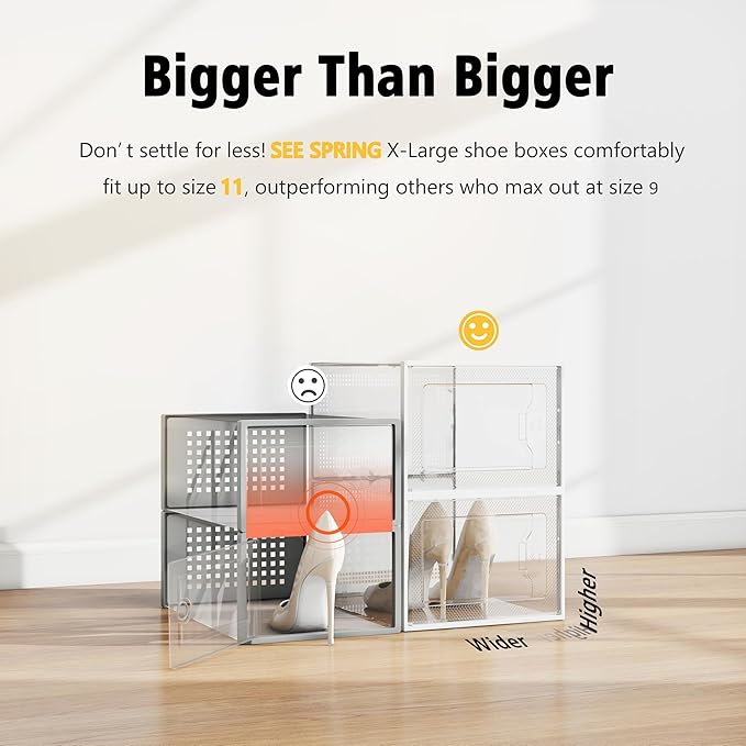 SEE SPRING X-Large Shoe Storage Box Fit Size 11, Clear Plastic Stackable Shoe Organizer for Closet, Space Saving Foldable Shoe Rack Sneaker Container Bin Holder, 12 Pack Clear
