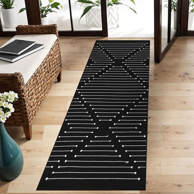 LIVEBOX Black Runner 2'x6' Boho Washable Rug for Hallway, Moroccan Woven Entryway Throw Area Rug Indoor Cotton Mat for Kitchen Laundry Room Bathroom Entry