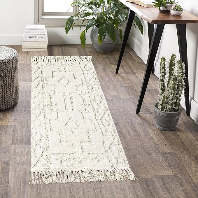Uphome Boho Bathroom Runner Rug 2' x 4.3', Washable Woven Cotton Bedroom Rug Runners, Beige Aesthetic Tufted Entryway Runner Rugs, Bohemian Tribal Throw Rugs for Bedside Living Room Laundry Kitchen