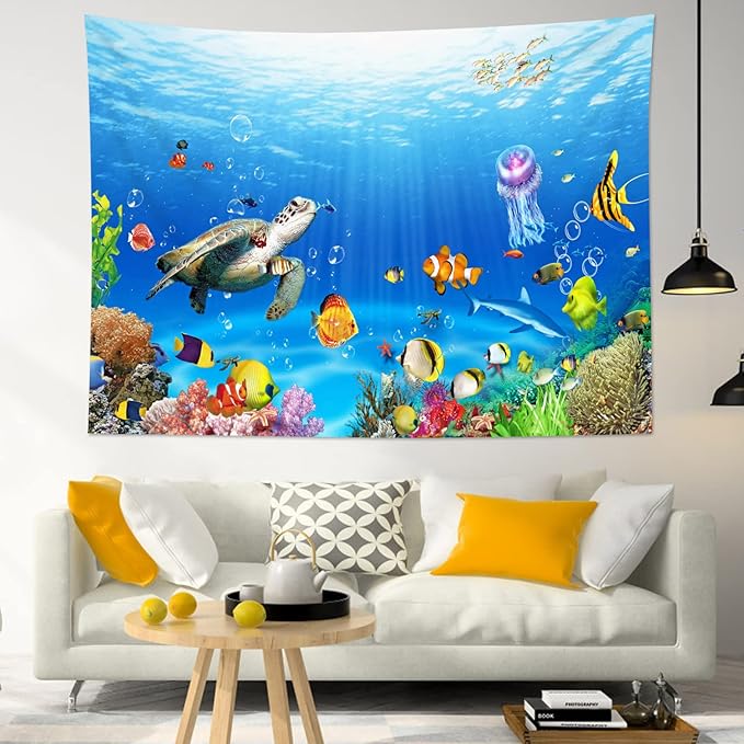 HVEST Sea Turtle Tapestry Tropical Fish Jellyfish and Coral Reef Under Blue Sea Wall Hanging Blanket Ocean Tapestries for Bedroom Living Room Dorm Decor,80Wx60H inches